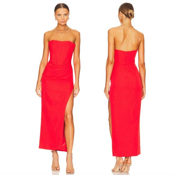 Bardot Saira Midi Dress Orange Sorbet Red Lace Corset Bustier Formal Strapless - Picture 1 of 7